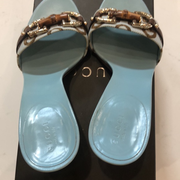 Gucci Shoes Sand Tess S. Cuoio Senna Horse.Bamboo MD/ LIFF sky azure/cocoa sz 8 - Picture 5 of 9